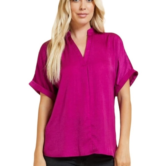 Splendid Fuchsia Blouse Hi-low Short Sleeve Sz  Small Silky - Picture 1 of 8